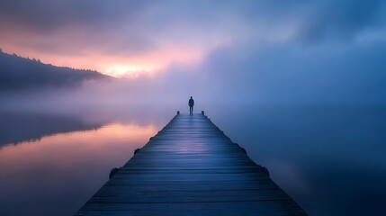 Fototapeta premium A solitary figure walking along a quiet pier at dawn looking out over the water