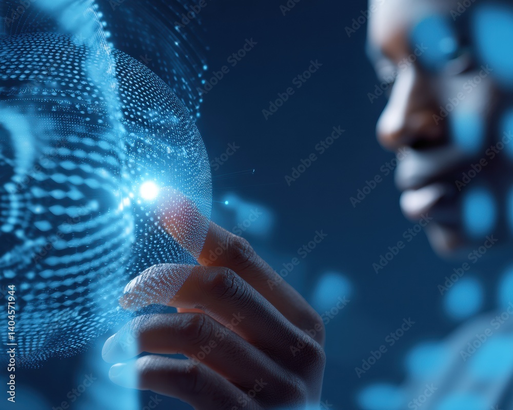 Poster Futuristic Digital Connectivity AI-Driven Global Network Visualization with Holographic Interaction - Innovative Tech Transformation for Next-Gen Business Intelligence