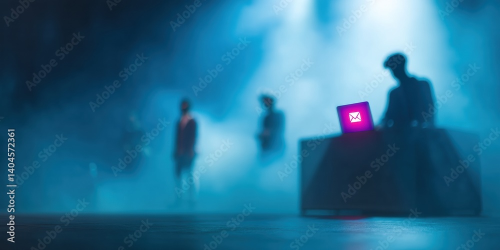 Fototapete Immersive Digital Communication Ethereal Cyberpunk Workspace Visualizing Next-Gen Connectivity, Blurred Silhouettes and Vibrant Tech Notification in Minimalist Cyber Environment