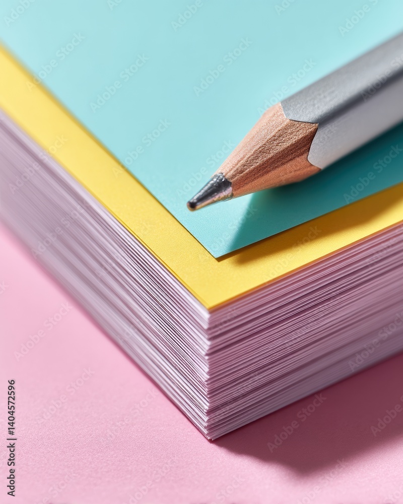 Aufkleber Minimalist Creative Workspace Pastel Color Block Paper Stack with Sharp Pencil - Modern Content Creation and Design Inspiration for Digital Professionals
