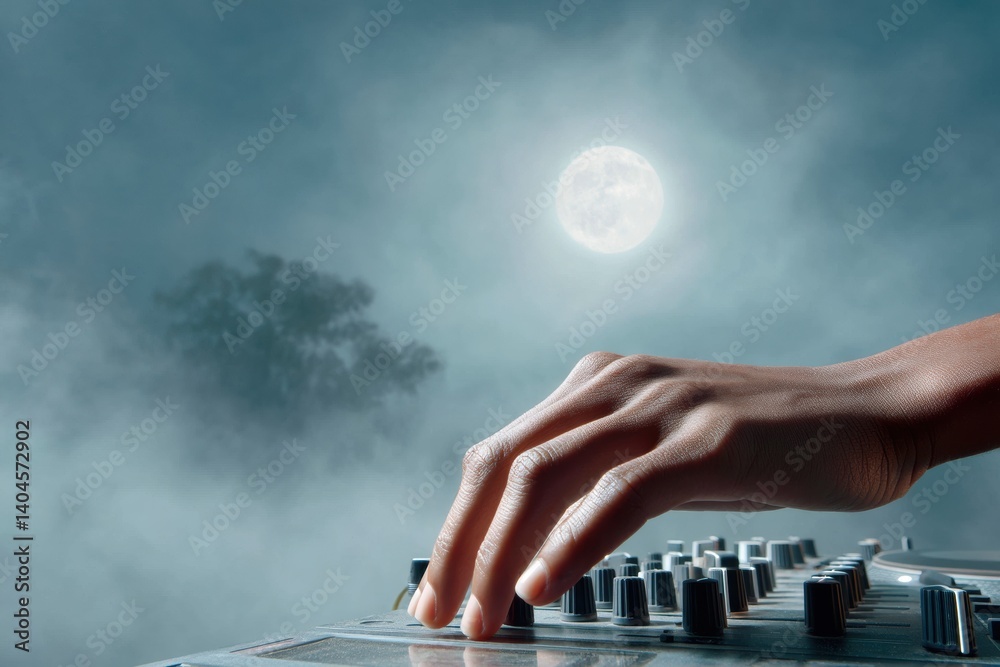 Poster atmospheric nightlife soundscape immersive dj performance with moody moonlit mixing console - next-g
