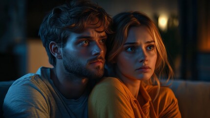 Couple watching something intense with concentrated and anxious expressions