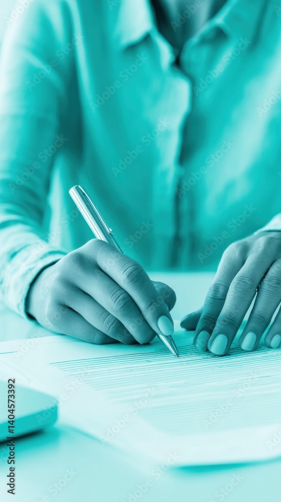 Poster Minimalist Professional Signing Experience Monochromatic Teal Corporate Workflow with Precise Document Execution - Modern Business Efficiency and Sleek Transactional Design