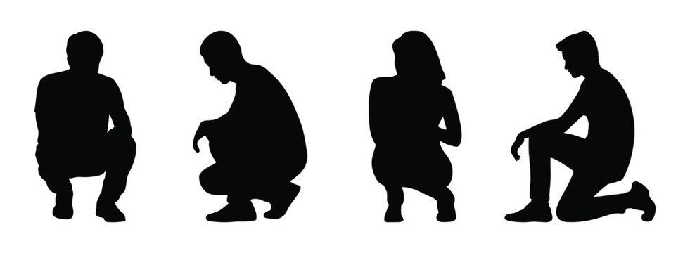 Four people in a kneeling silhouette pose vector illustration.