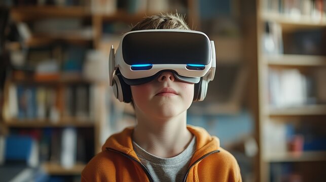 A young boy is experiencing virtual reality with headset