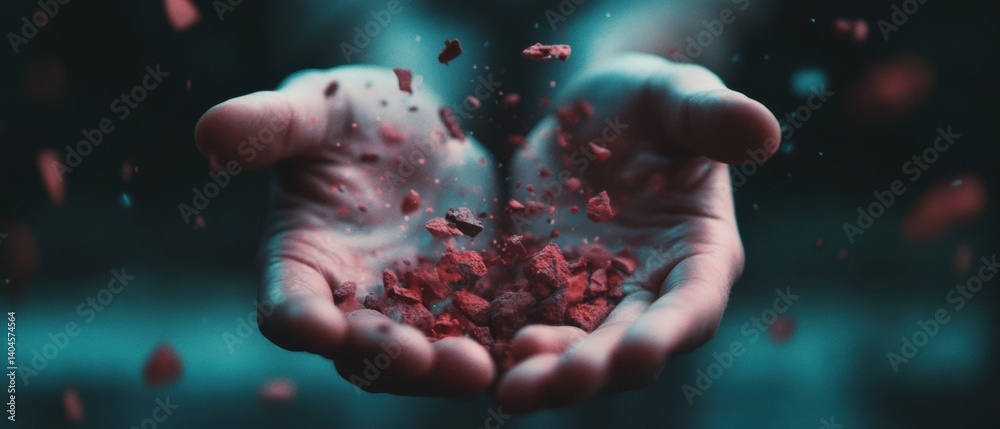 Poster Immersive Digital Transformation Cinematic Hands Revealing Fragmented Data Particles - Metaphorical Tech Innovation and Emerging Visual Storytelling for Business Intelligence