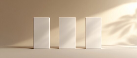 Minimalist Three blank boxes stand under soft, leaf-patterned light on beige background