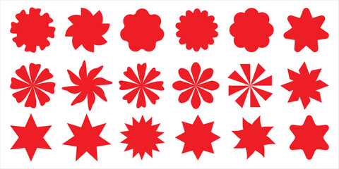 Starburst red sticker set. Stickers and badges with star edges for promo advertising. Sale Price sticker, price tag, starburst, retro stars. 