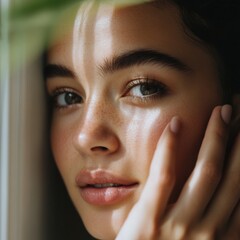 Radiant Gen Z Skincare Ritual Minimalist Beauty Close-Up Showcasing Dewy Luminosity, Hydration-Focused Wellness Aesthetic for Digital Content Creators