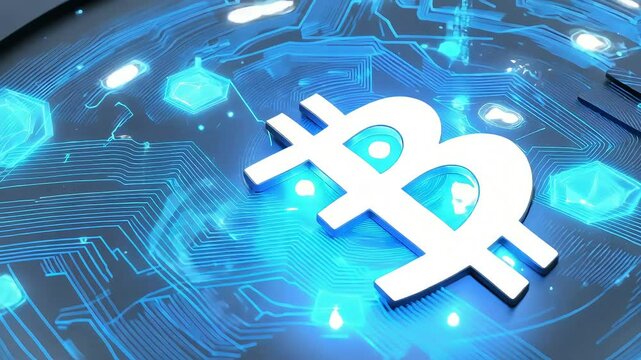 Bitcoin Visualizing cryptocurrency and tech&mdash; the bitcoin logo rotates smoothly as charts and blockchain lines orbit around, all on a clean white canvas 