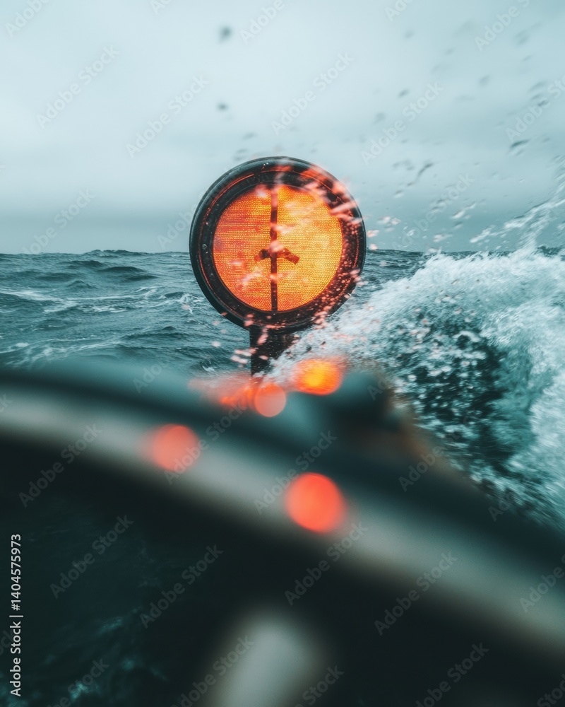 Poster Immersive Maritime Tech Futuristic Navigation Compass with Dynamic Ocean Wave Interaction - Next-Gen Nautical Performance Visualization