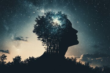 Creative stargazer silhouette with forest growing from head and stars illuminating the night sky in a tranquil setting