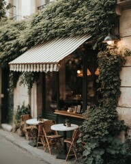 Obraz premium Nostalgic Urban Sanctuary Vintage Parisian Cafe Aesthetic with Ivy-Draped Charm - Sustainable Slow Living and Mindful Travel Experience