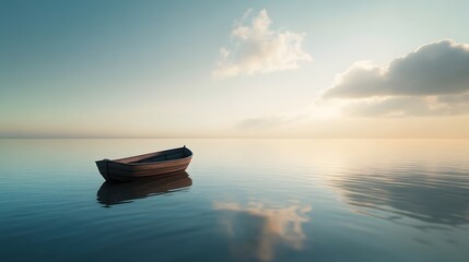 A boat floating peacefully on calm waters with an expansive horizon ahead inviting the traveler to explore