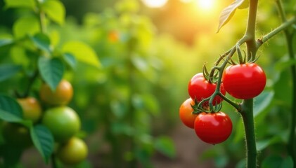 Sun-drenched tomato plants, vibrant green leaves, ripe red fruit , farm, overhead, juicy
