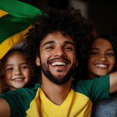 Obraz premium Vibrant Brazilian Soccer Fan Experience Multigenerational Family Celebration of National Pride, Emotional Connection and Digital Age Sports Entertainment