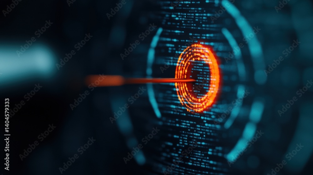 Fototapete Precision Tech Visualization Futuristic Digital Targeting Interface with Glowing Arrow Impact - Innovative Data Dynamics and Technological Achievement Concept