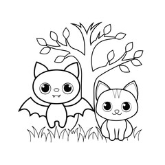 Naklejka premium cute bat and cat add creepy tree and grass color.eps