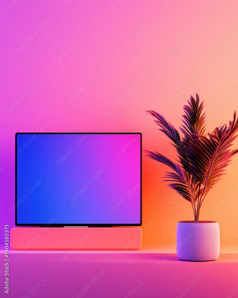 Fototapete Vibrant Digital Workspace Aesthetic Minimalist Tech and Botanical Fusion - Inspiring Remote Work Design with Color-Gradient Productivity Backdrop