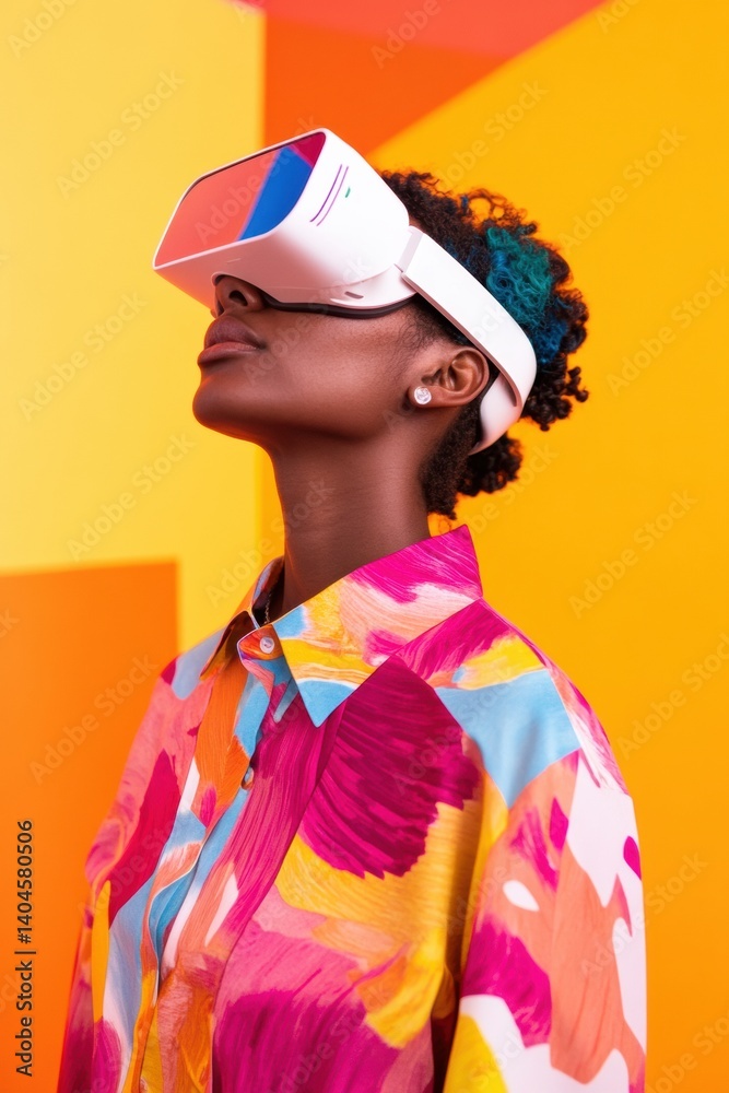 Poster vibrant xr immersion gen z innovator explores next-gen virtual reality with cutting-edge headset in 