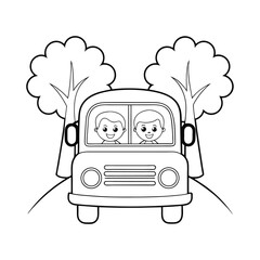 cute bus with smiling kids  tree and grassy park  .eps