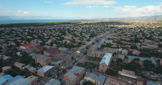 Aerial view of Martuni town in the Martuni Municipality of the Gegharkunik Province of Armenia