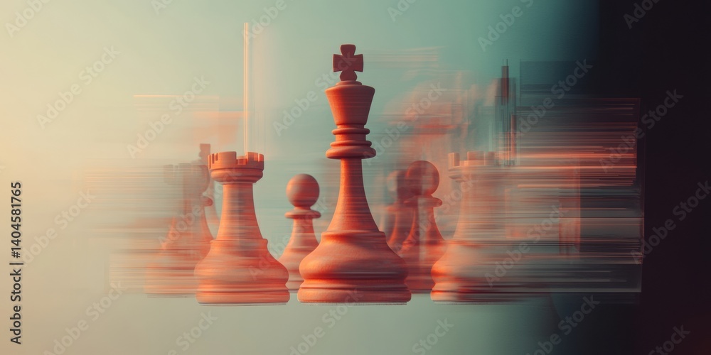 Poster Quantum Strategy Visualization Blurred Chess Piece Dynamics - Neurotech Innovation, AI Decision Intelligence, and Creative Cognitive Performance Mapping