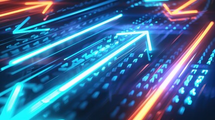 Digital technology of glowing arrows up diagonally in blue neon light. AI generated