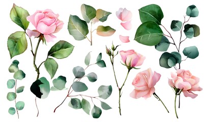 Elegant Pink Roses Watercolor Botanical Illustration Floral Design Elements Wedding Invitation Greenery Eucalyptus Leaves Soft Pastel Colors Romantic 