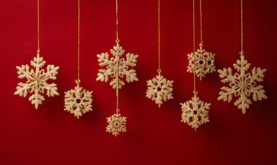 Elegant Gold Glitter Snowflakes Hanging Red Background Festive Winter Holiday Decoration Christmas Ornament Design New Year Celebration Wintertime    