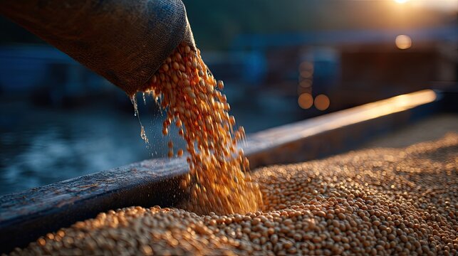 Soybeans being poured into truck from harvester at sunset, showcasing agricultural process