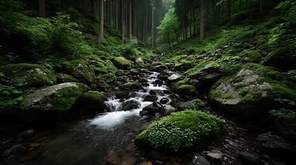 Obraz premium Forest Stream Rocks Mossy.