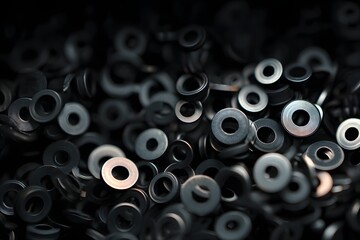 Dark Metal Washers Abstract Background Industrial Design Texture Pile of Shiny Black Circular Parts Mechanical Engineering Components Close Up View   
