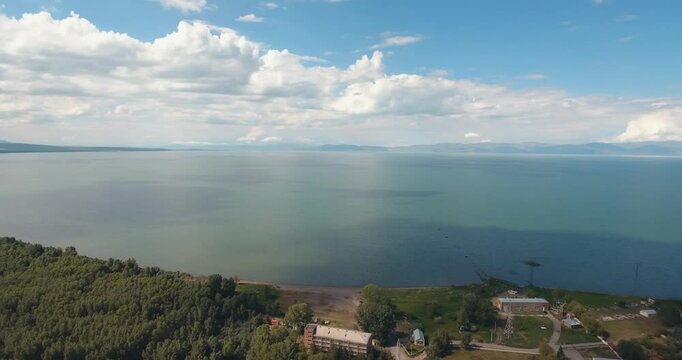 Aerial footage of the scenic Lake Sevan in the Gegharkunik Province of Armenia on a sunny day