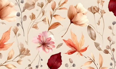 Elegant Watercolor Floral Autumn Leaves Pattern Design Background Subtle Beige Peach Pink Red Brown Tones Botanical Illustration Seamless Texture for 