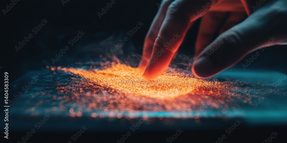 Poster Immersive Digital Interaction Futuristic Touch Interface Reveals Quantum Data Dynamics - Cinematic Technology Visualization Exploring Human-Digital Convergence