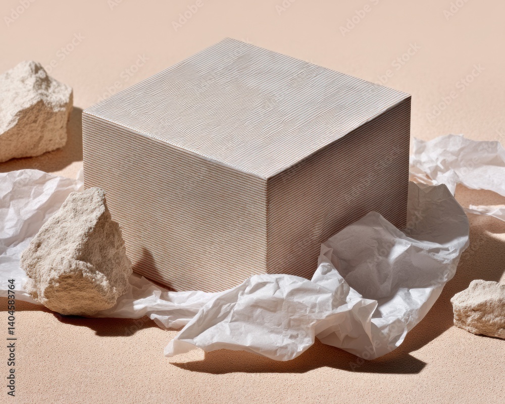 Poster minimalist brutalist design textural geometric cube with organic stone and paper elements - contempo