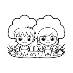 Fototapeta premium cute kids gardening add tree and grass coloring (1).eps