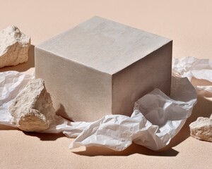 Minimalist Brutalist Design Textural Geometric Cube with Organic Stone and Paper Elements - Contemporary Architectural Styling for Premium Branding and Creative Merchandising