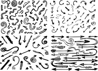 A collection of hand-drawn arrows, each with its own unique style and shape, arranged in an organic pattern on a white background