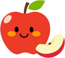 Happy Apple Character-Cartoon Red Fruit With Face and Leaf  
