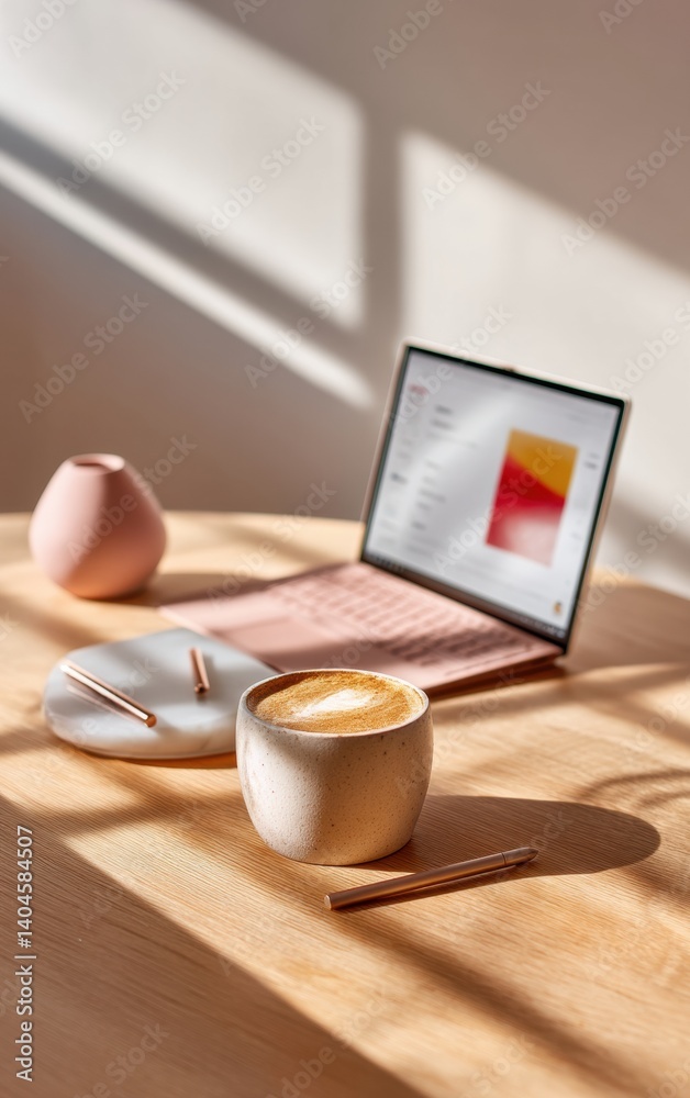 Aufkleber minimalist remote work sanctuary soft-lit digital workspace with artisanal coffee and mindful produc