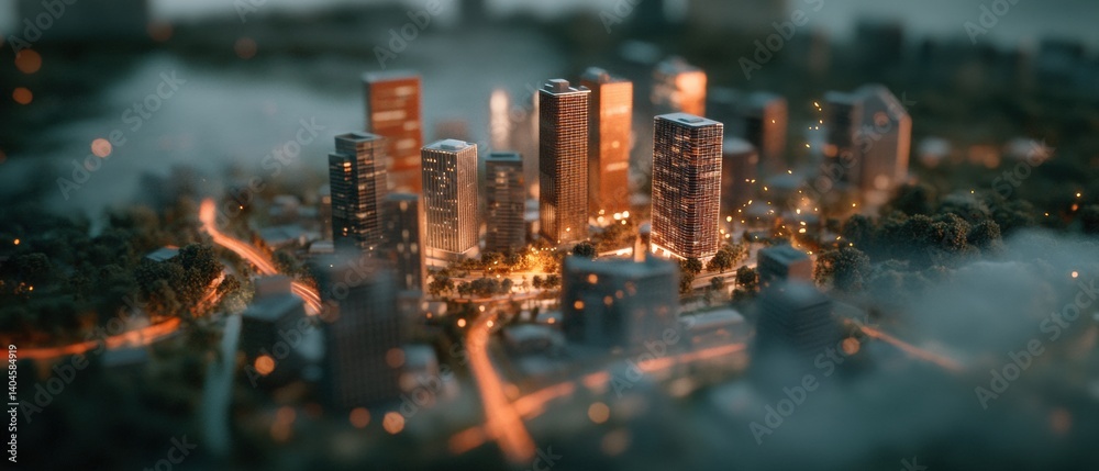 Poster futuristic smart urban ecosystem miniature tilt-shift smart city visualization with dynamic connecti