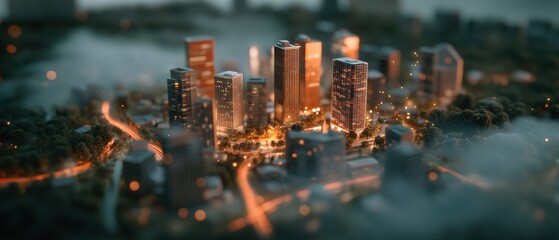 Futuristic Smart Urban Ecosystem Miniature Tilt-Shift Smart City Visualization with Dynamic Connectivity and Sustainable Infrastructure Design