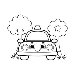 cute police car and badge  tree and grass  colorin.eps