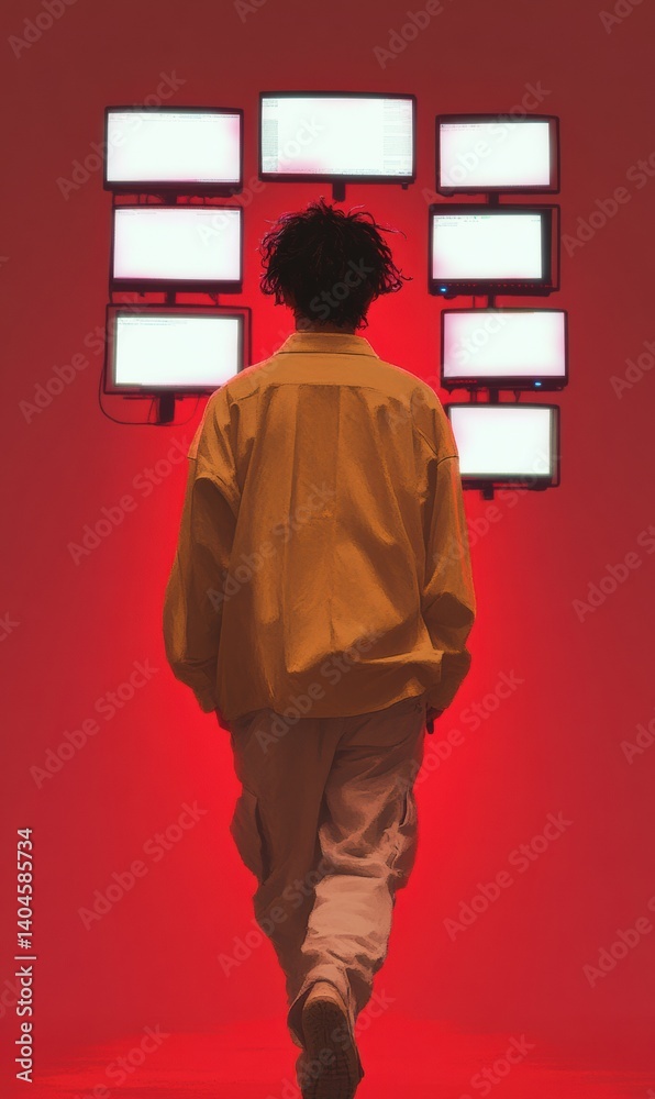 Poster digital burnout visualized millennial professional navigating information overload in hyper-connecte