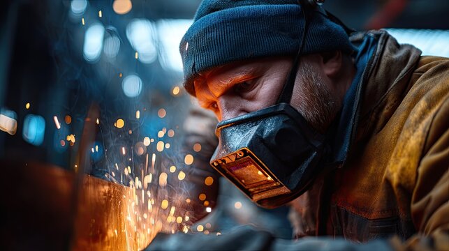 Welder wearing protective gear using specialized equipment to join metal, creating sparks and demonstrating industrial craftsmanship