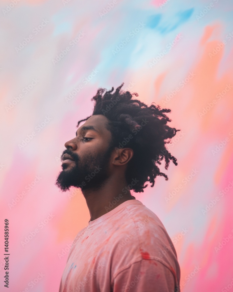 Poster pastel dreamscape expressive gen z aesthetic capturing introspective masculinity in soft digital col