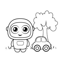 Fototapeta premium cute robot and toy car add tree and grass colori (1).eps