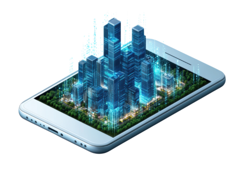 Futuristic smartphone displaying a 3d cityscape with digital effects and urban landscape visualization